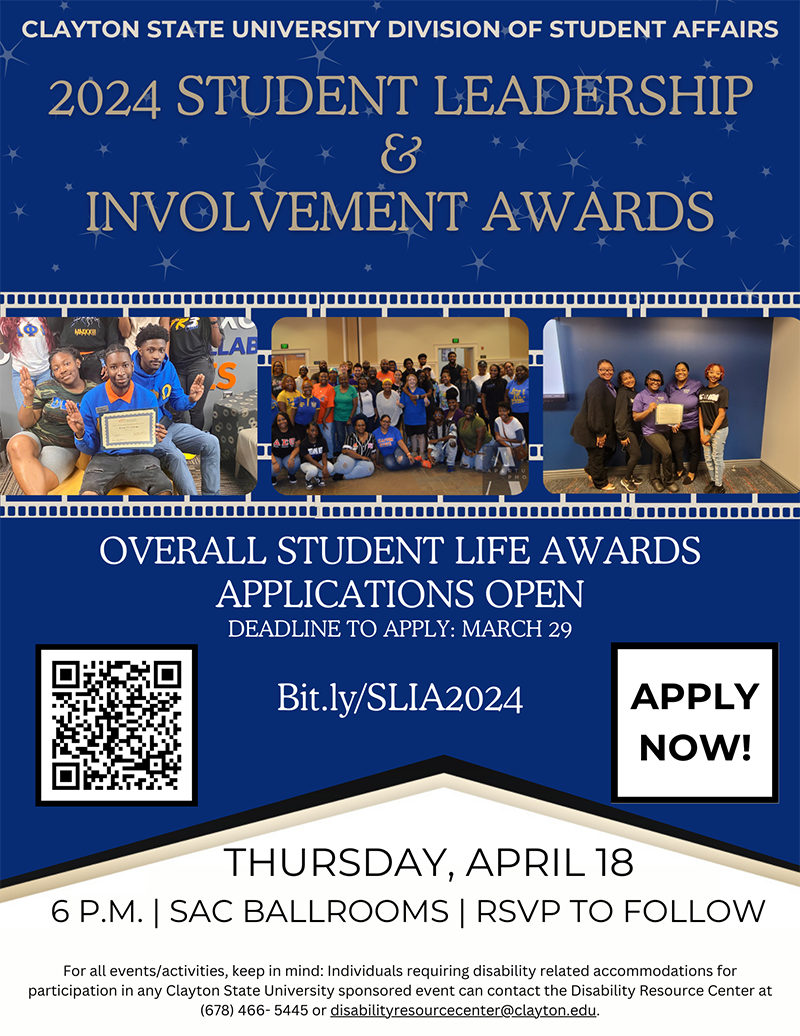 Flyer for the 2024 Student Leadership & Involvement Awards, complete with images of past winners and Student Leader/Student Organization of the Month Winners