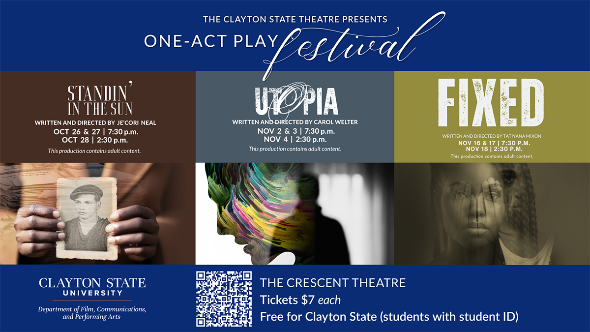 3 Festivals for Stage and Screen 1. Standin in the Sun photo of a black man holding an older photo 2. Utopia photo of a women's silhoutte with swirls of color 3. Fixed Photo of a Black Woman staring at the camera hands are overlaid over her face and a black man stares at the camera behind her