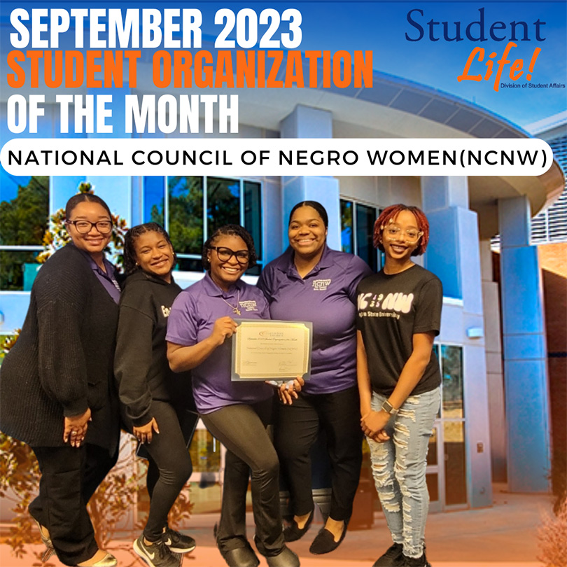 August 2023 Student Organization of the Month: National Council of Negro Women, several members wearing NCNW apparel