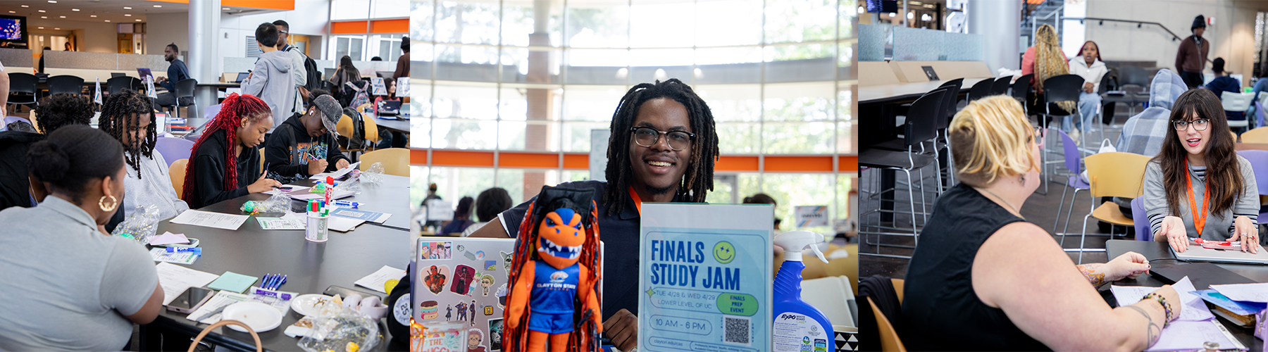 male student smiling with toy loch and a sign that says finals study jam
