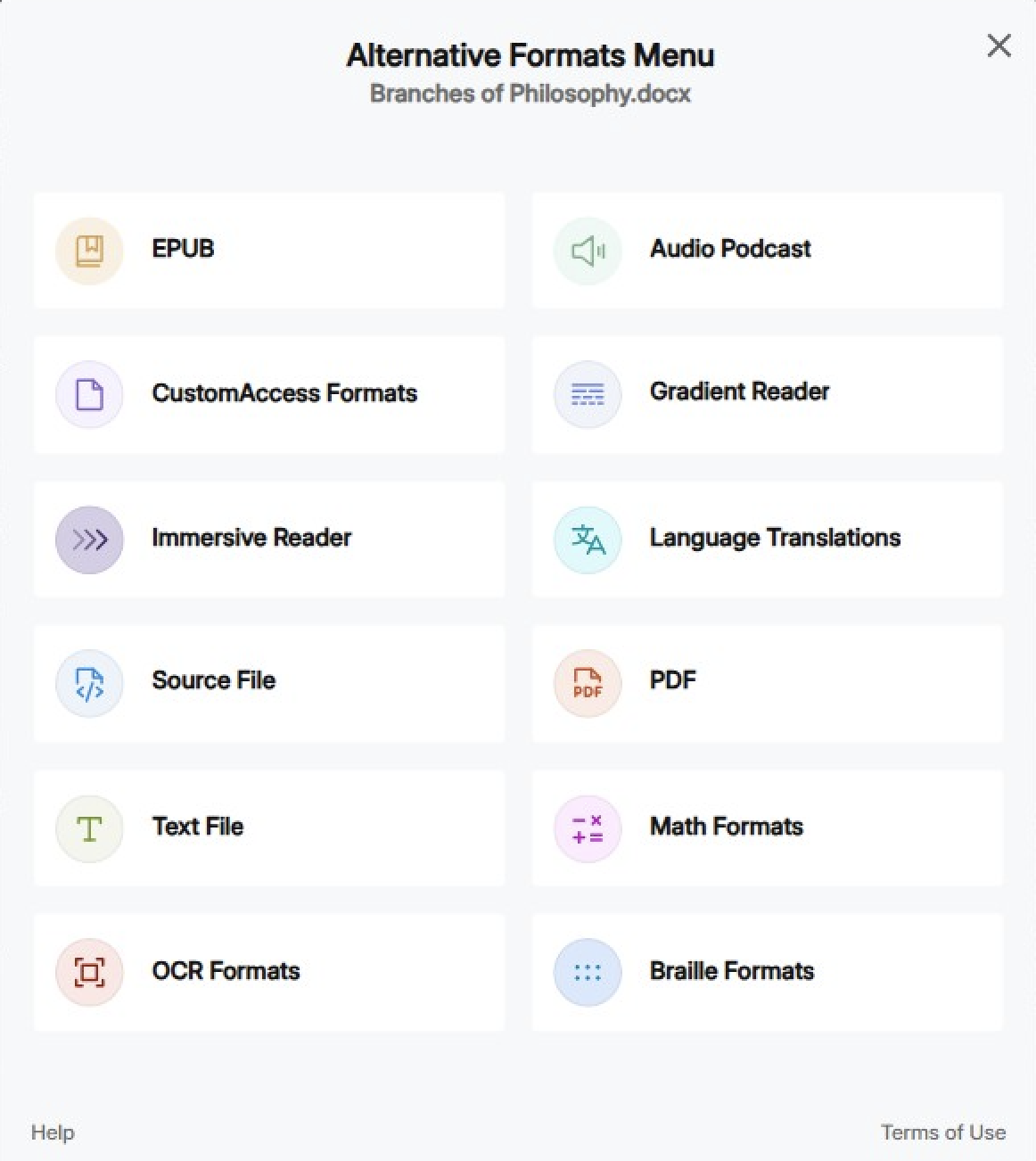 Atlernative Format Menu YuJa Panorama Atlernative Format Menu
