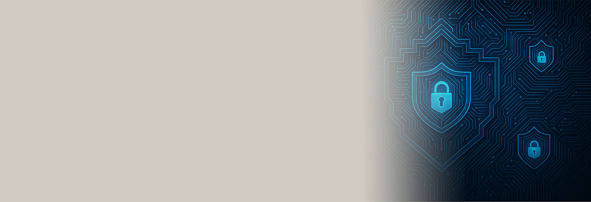 lines in a circuit pattern with a shield and padlock showing three times