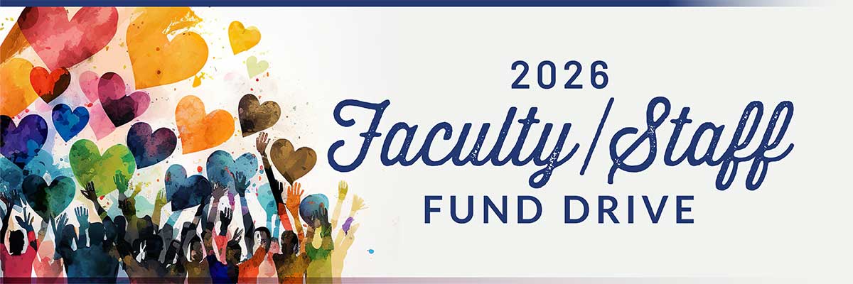 2026 Faculty/Staff Fund Drive with colorful hearts floating above peoples hands