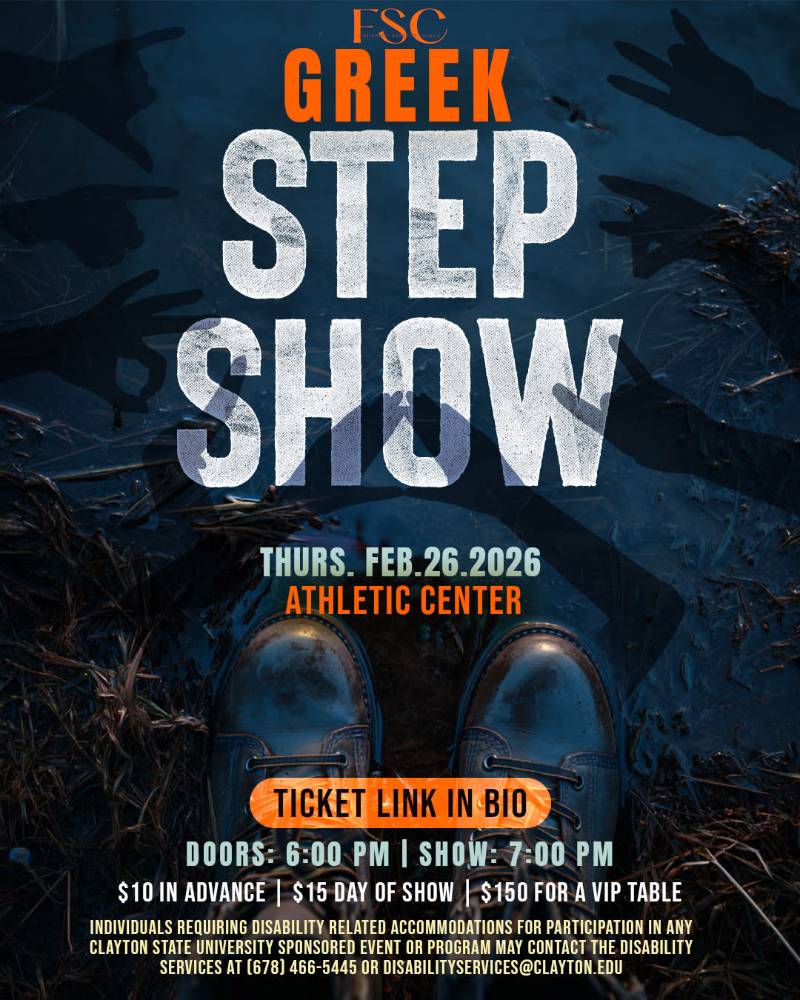 Flyer for FSC Greek Step Show. Includes images of shadow hands portraying Greek organizations' signs as well as a pair of boots near the bottom. Information below