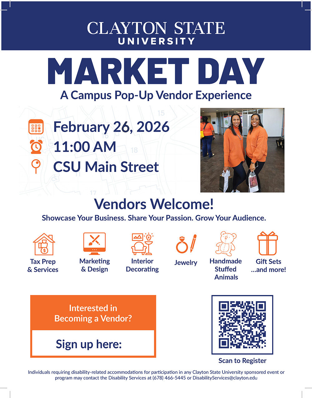 Flyer for Homecoming's Market Day. Includes an image of two students wearing orange shirts and shopping bags as well as a QR Code.  Information and link below.