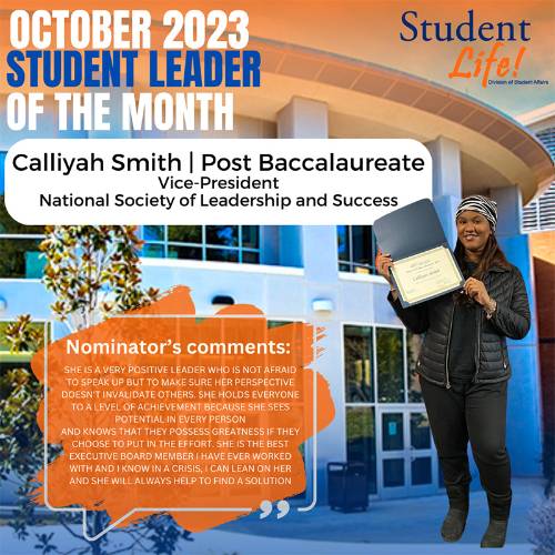 September 2023 Student Leader of the Month: Calliyah Smith | Grad Student - National Society of Leadership & Success
