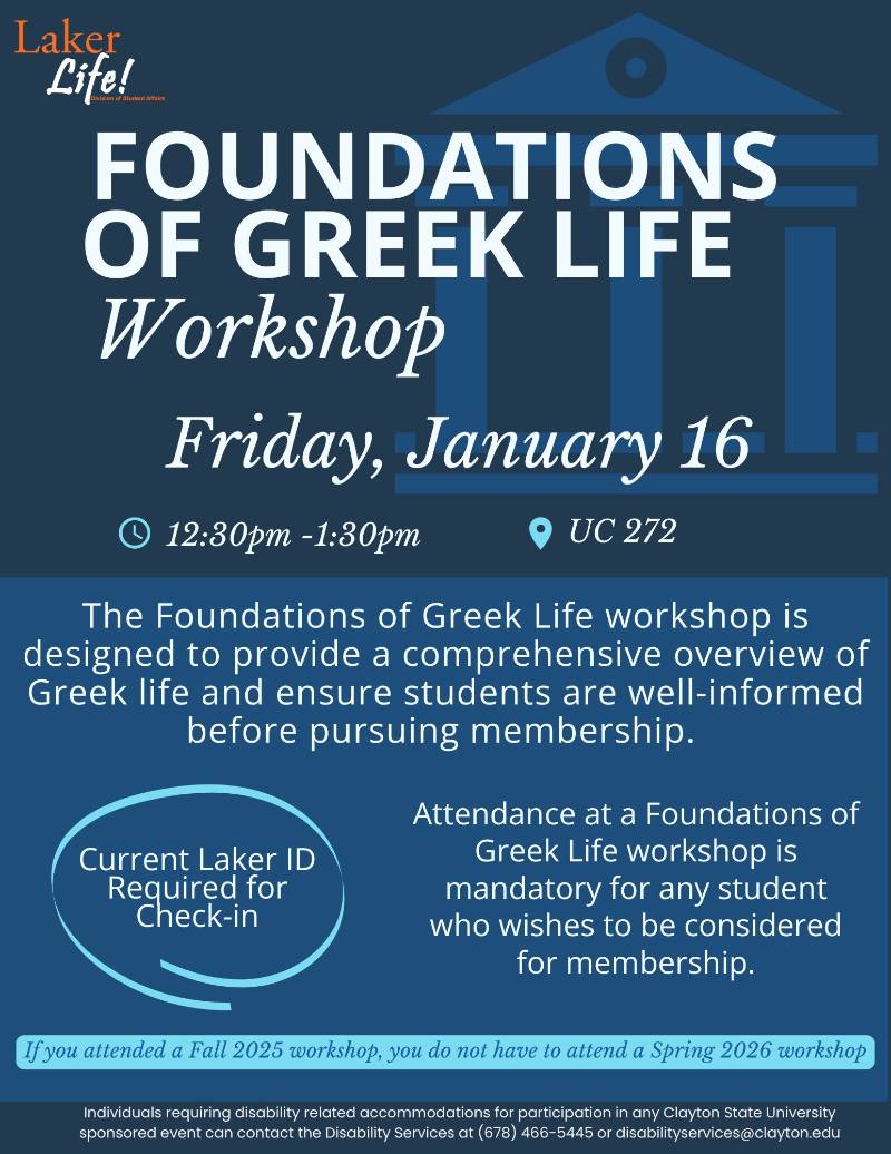 Foundations of Greek Life Workshop Flyer for Foundations of Greek Life Workshop. Includes a graphic of the Georgia State Building. Information below.