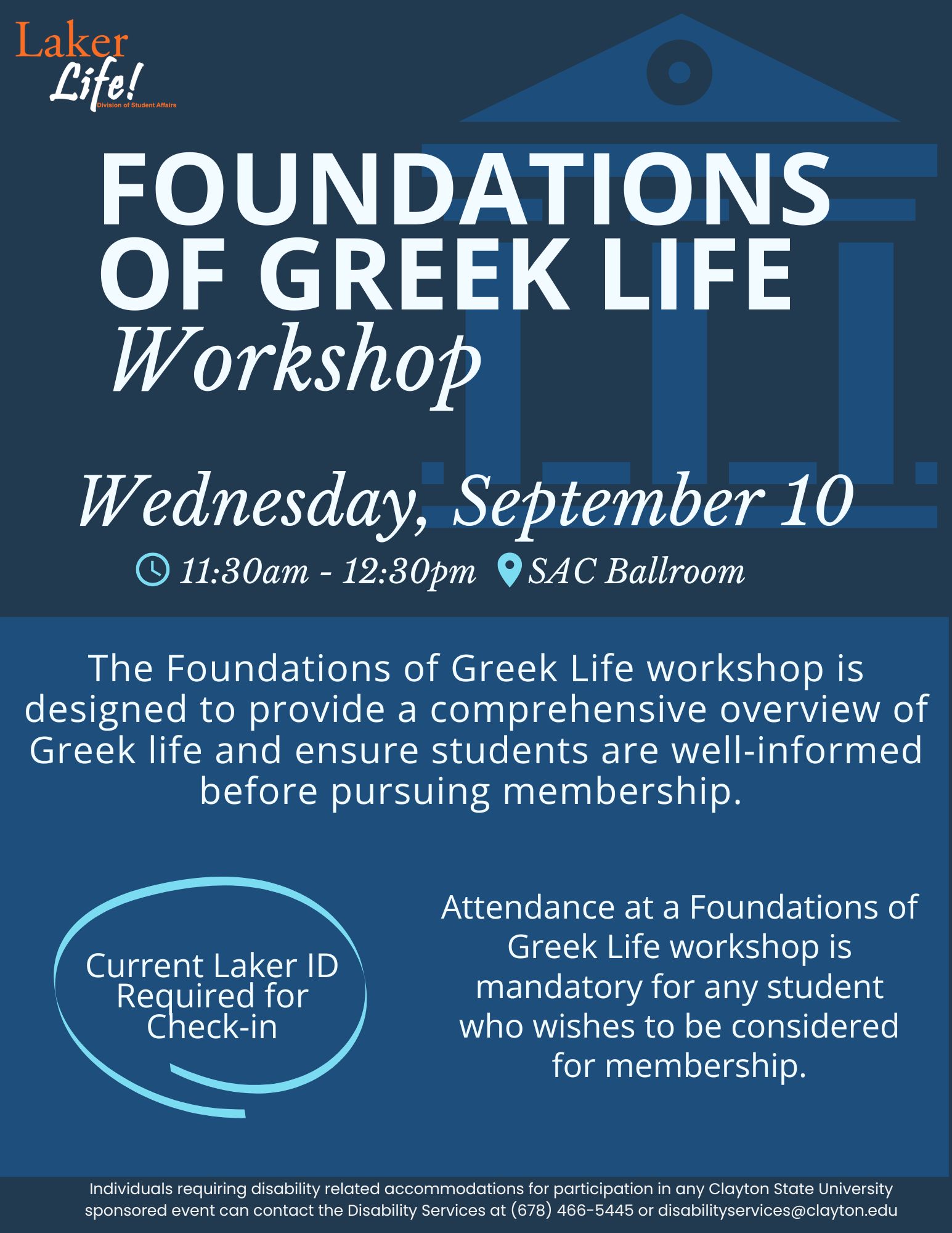 Flyer for Foundations of Greek Life for Wednesday, September 10 at 11:30am in SAC Ballroom. Other information shared above. 