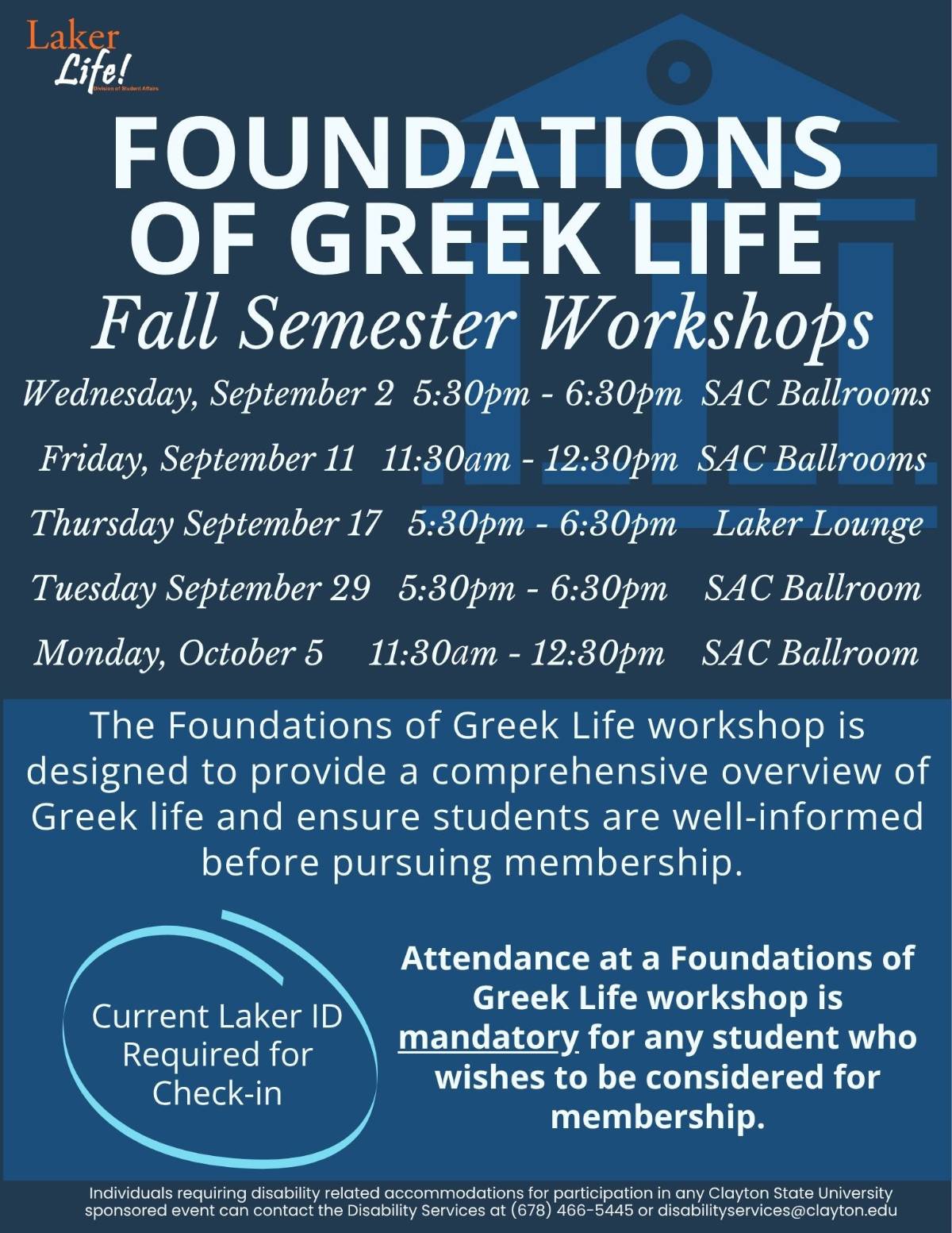 Flyer for Foundations of Greek Life. Includes a graphic of the Georgia capitol building. Information below