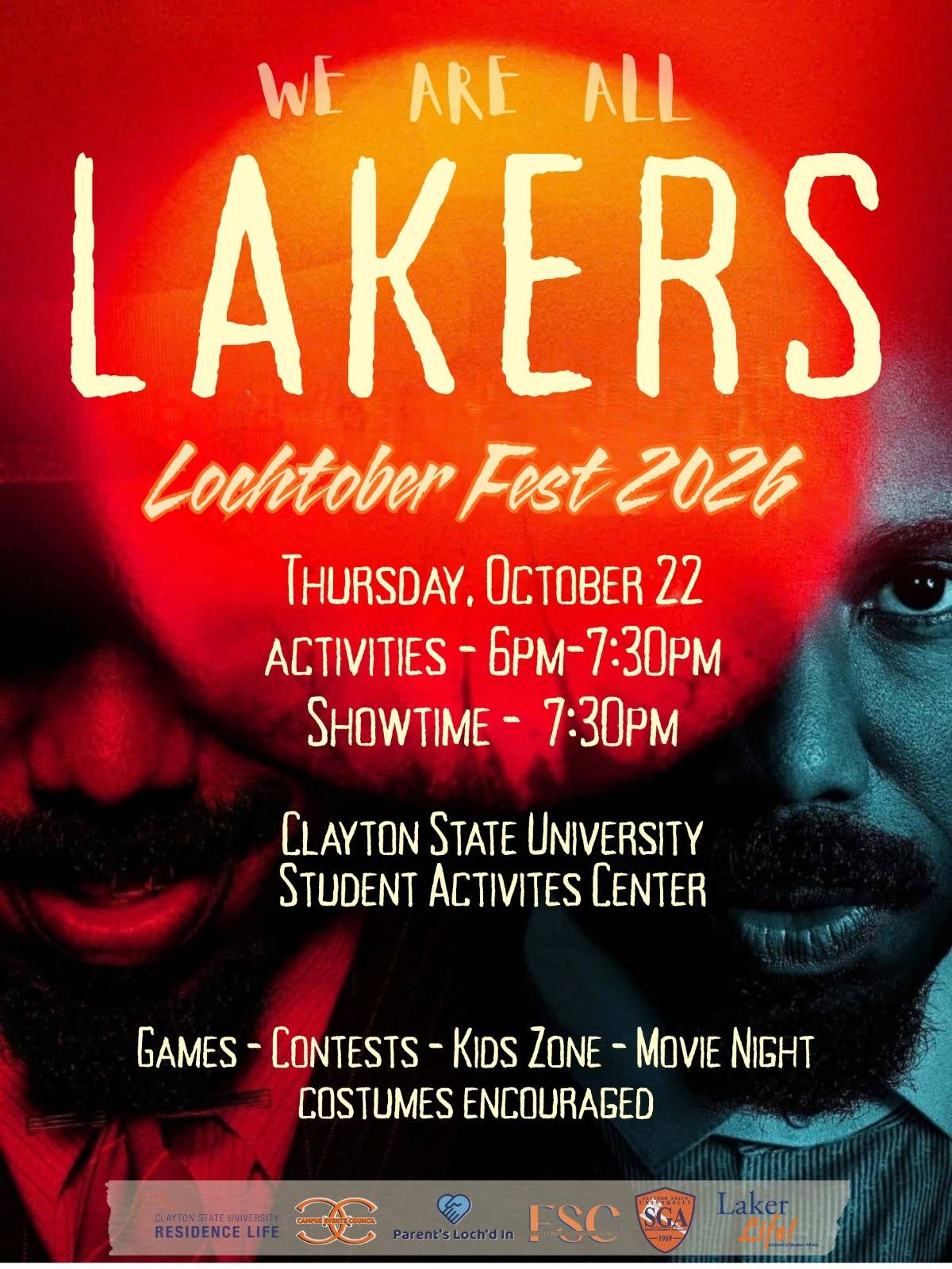 Flyer for Laker Life's Lochtober Fest 2026. Includes an image of the characters Stack & Smoke from the movie Sinners as well as the logos for Housing & Residence Life, Campus Events Council, Parents Loch'd In, Fraternity Sorority Council, Student Government Association, and the Department of Laker Life. Information below. 