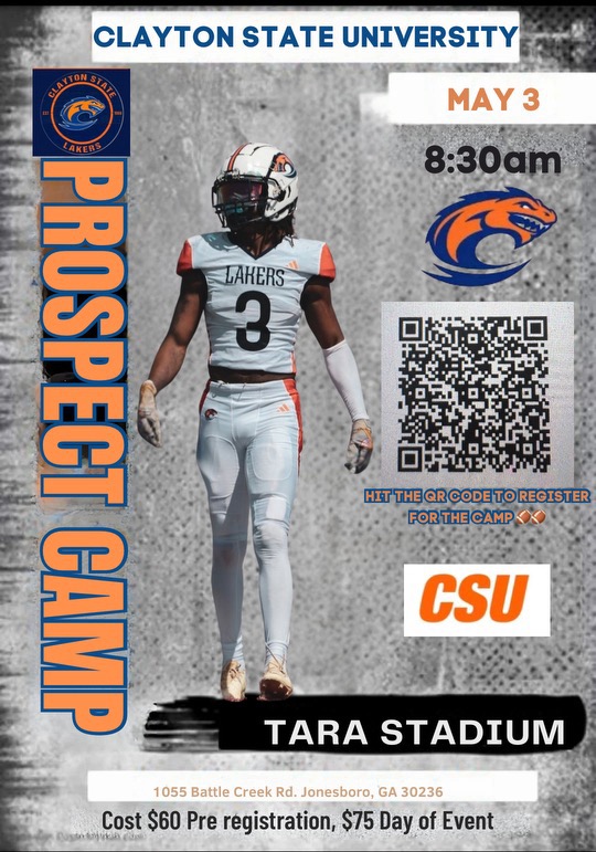 club sports football prospect camp sp25 flyer. Contains image of player #3 walking on the field and a QR Code; all information and the QR Code from flyer listed below