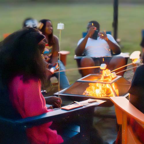 students gathered around a fire, toasting marshmallows
