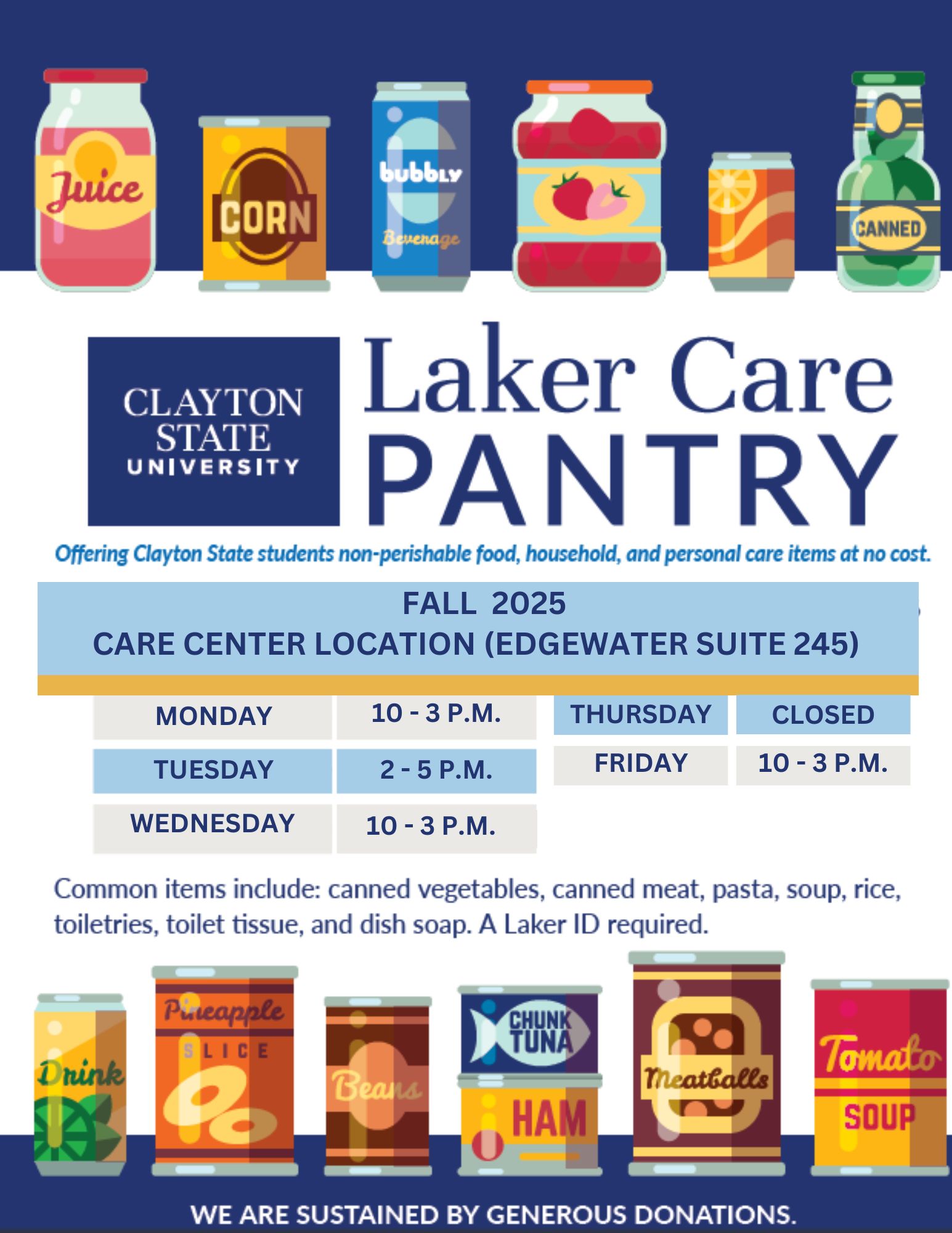 Laker Care Pantry flyer, includes several images of can goods, and various products. Hours information below.