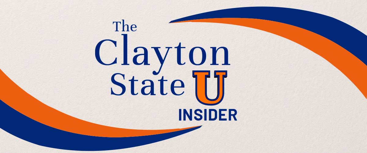 Clayton State University Insider graphic featuring the words “The Clayton State U Insider” in blue and orange branding. Curved blue and orange swooshes frame the design from opposite corners, creating a dynamic layout on a light textured background.