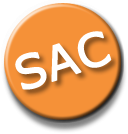 Student Activities Center's logo pin, orange pin with white SAC.