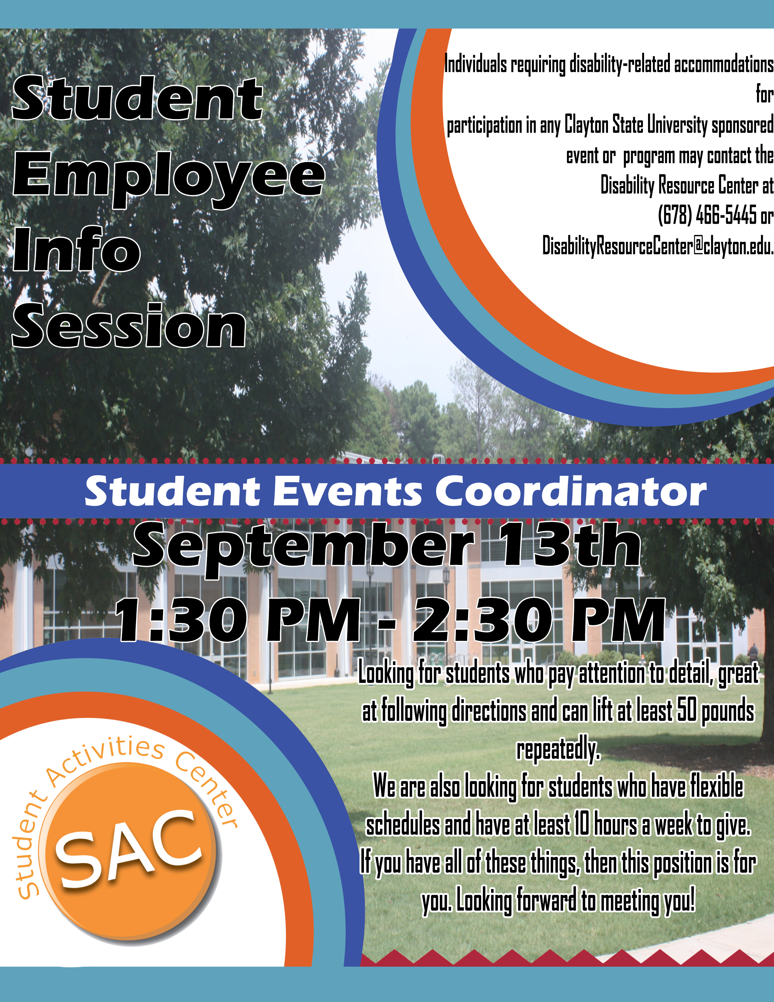 Flyer for the Student Activities Center's Student Coordinator Position