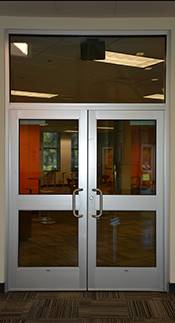 Image of Laker Lounge's two aluminum and glass front doors